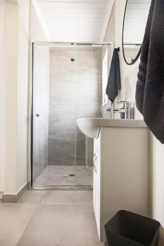a bathroom with a shower and a sink at Tranquil Tides in Yzerfontein