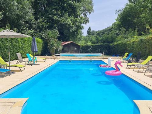 une piscine avec un flamingo rose dans l'eau dans l'établissement Gîte insolite dans un moulin à eau avec spa privatif, à Champagnac