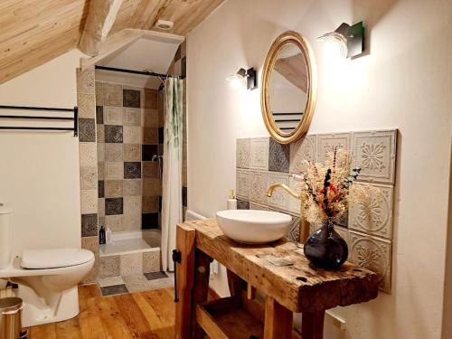 une salle de bain avec un lavabo, des toilettes et un miroir dans l'établissement Gîte insolite dans un moulin à eau avec spa privatif, à Champagnac
