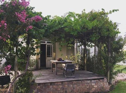 a patio with a table and a chair on it at Sons of the King Guest House in De Rust