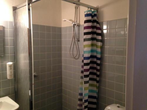 a bathroom with a shower with a striped shower curtain at Blommenslyst Kro in Blommenslyst