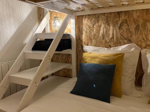Ce lit superposé se trouve dans un dortoir doté d'une échelle et d'oreillers. dans l'établissement Maisonnette au calme, grand jardin privatif, accueil vélos et motos, à Sancé