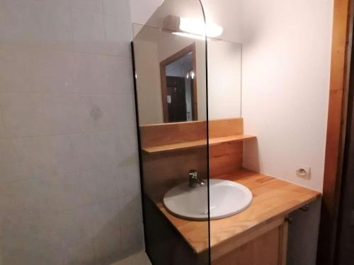 une salle de bain avec un lavabo et un miroir dans l'établissement Charmant appt 2 pièces, 6 pers, centre, animaux permis, ménage inclus - FR-1-241-111, au Grand-Bornand