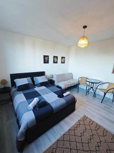 un salon avec un grand lit et un canapé dans l'établissement Le République Grand Studio Wi-Fi / Netflix, à Angoulême