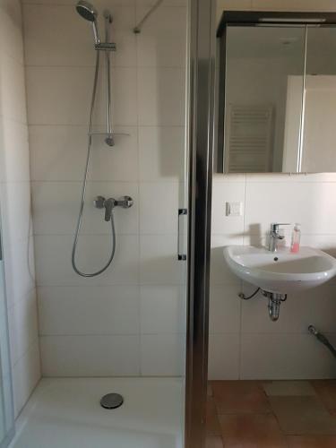 une salle de bain avec douche et lavabo dans l'établissement Appartement VUE MER an der Côte d'Azur für 2-3 Personen mit Gartenanteil, à Vence