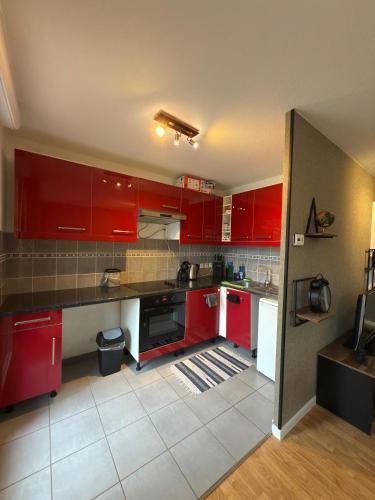 une cuisine rouge avec armoires et appareils rouges dans l'établissement Le Coin tranquille, à Colmar