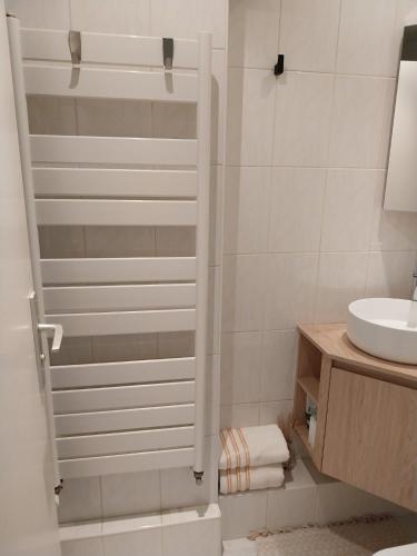 une salle de bain avec douche et lavabo dans l'établissement Palm beach Cannes La Brise, à Cannes