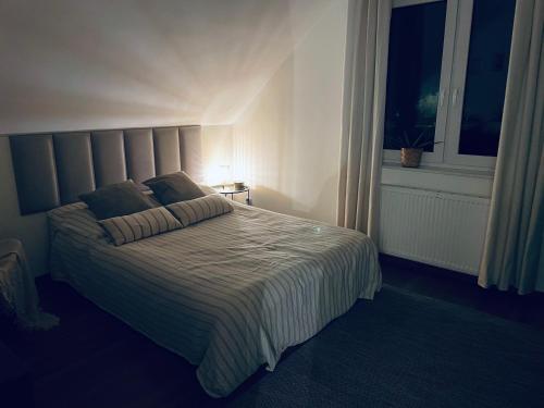 a bedroom with a large bed with a window at Żuławski Chillout in Stanisławowo
