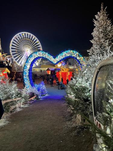 a carnival with a ferris wheel and christmas lights at Azur, a 100m du marché de Noel, appartement 4 personnes et parking privé in Le Barcarès