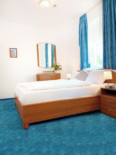 a bedroom with a large bed with blue carpet at Hotel Wesselényi in Győr