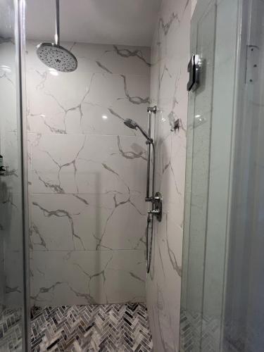 a shower with a glass door in a bathroom at Charles Peak Condo - JC Heights in Jersey City