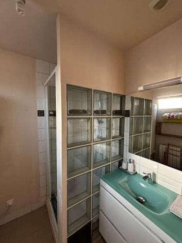 une salle de bain avec un lavabo vert et un miroir dans l'établissement La Poésie, à Vernon