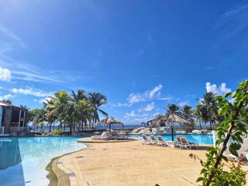 a resort swimming pool with chairs and palm trees at Ti Paradis Gwada Saint François, Vue Mer, Cuve à Eau, Parking Privé in Saint-François