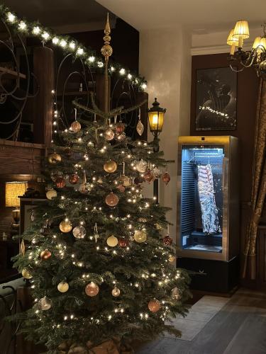 a christmas tree with lights in a living room at Willa Spa Scaliano in Kudowa-Zdrój