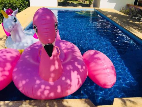 a pink swan float next to a swimming pool at Nicha Pool Villa by Nichahome in Hua Hin