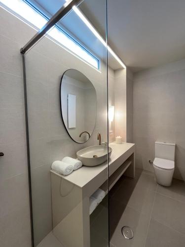 a bathroom with a sink and a mirror and a toilet at Jaén Delice Deluxe & Parking in Jaén