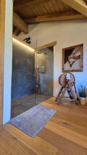 a bathroom with a glass shower with a wooden ceiling at das historische MEIXNER am Rerobichl Bezirk Kitzbühel in Oberndorf in Tirol