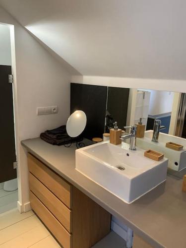 une salle de bain avec un lavabo blanc et un miroir dans l'établissement Charmante petite maison tout confort proche tram, à Marcq-en-Barœul