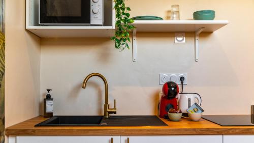 a kitchen counter with a sink and a microwave at Cocon à Bali - Voyage à Dijon in Dijon
