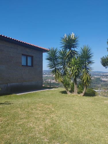 a house with two palm trees next to a building at Casa da Vinha in Santa Eulália