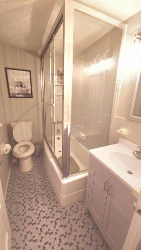 a bathroom with a shower and a toilet and a sink at Comfy Downtown Condo With Balcony in Atlanta