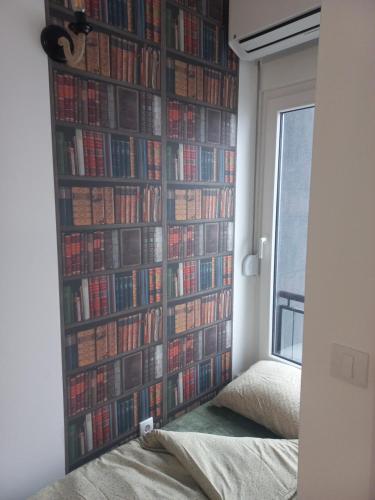 a bedroom with a book wall with books on it at Kota 992 in Divčibare