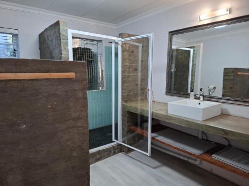 a bathroom with a sink and a glass shower at Emmaus Apartment in Bloemfontein