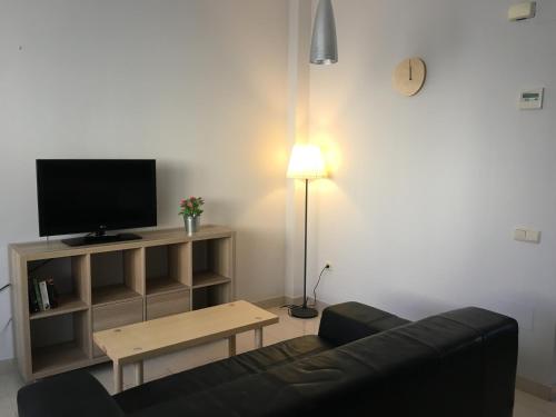 Una sala de estar con un sofá negro y un televisor. en Apartamentos El Palo, en Málaga