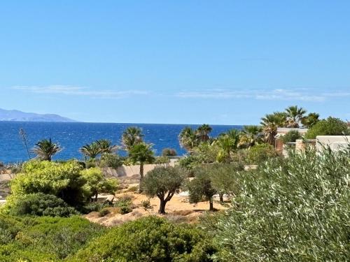 a view of a beach with trees and the ocean at House by the beach,next to village,sunset view in Finikas