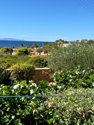 a garden with a view of the ocean at House by the beach,next to village,sunset view in Finikas