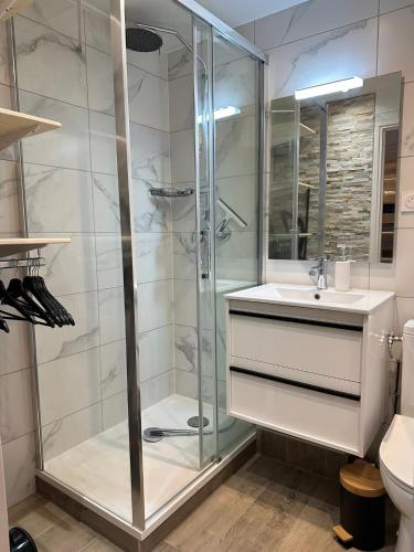 une salle de bain avec douche et lavabo dans l'établissement Studio les Tufs pied des pistes Tignes Val Claret départ ESF, à Tignes