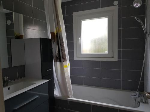 La salle de bains est pourvue d'une douche, d'une baignoire et d'une fenêtre. dans l'établissement Le Jirani 90m2 calme jardin privé proche Le Phare, à Chambéry