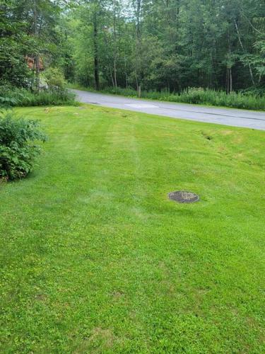 a grassy yard with a road in the background at Gateway Condominium in Mendon