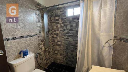 a bathroom with a toilet and a shower with a window at Apartamento Armonía 01 in Punta Colorada