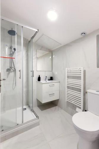 une salle de bain blanche avec douche et toilettes dans l'établissement Studio hyper-centre, à Bourg-en-Bresse