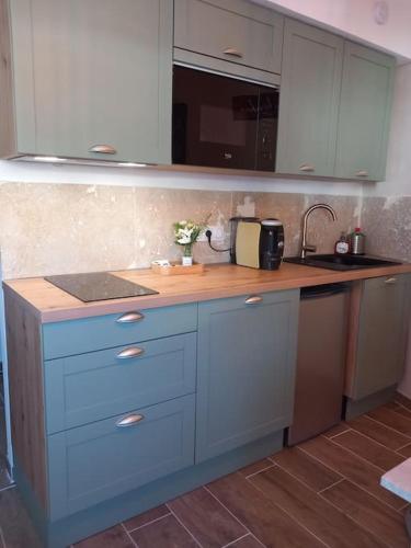 une cuisine avec des armoires bleues et un comptoir dans l'établissement Studio entièrement rénové, à Cavaillon