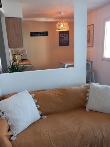 - un canapé brun dans le salon avec un miroir dans l'établissement Studio entièrement rénové, à Cavaillon