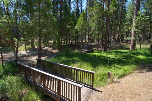 a wooden bench in the middle of a forest at 17C The Redwoods Cabin in North Wawona
