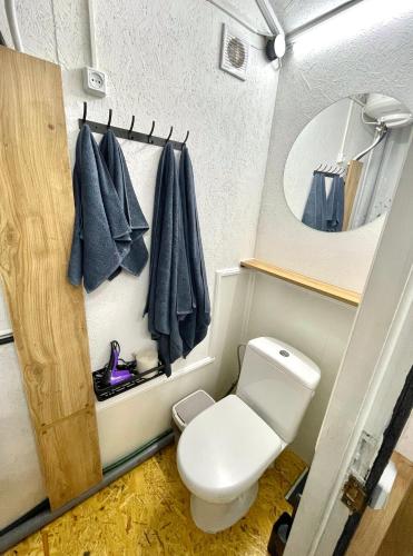 a small bathroom with a toilet and a mirror at Scandinavia Camping in Kamennaya Gora