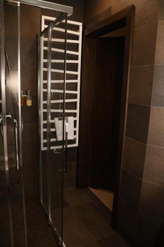 a bathroom with a shower and a glass door at MedHotel Smart Krupnicza w Krakowie in Kraków