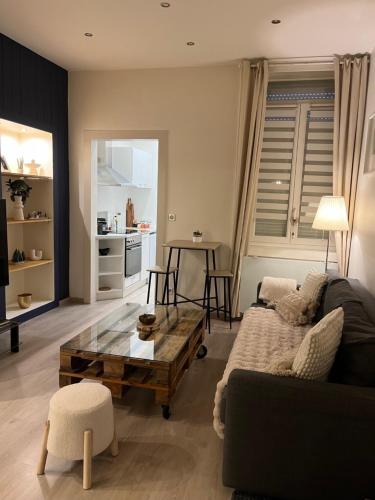 un salon avec un canapé et une table basse dans l'établissement Le Bacchus - hypercentre de Reims, à Reims