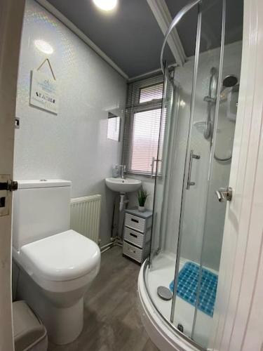 a bathroom with a toilet and a shower and a sink at Sandy Paws in Trusthorpe