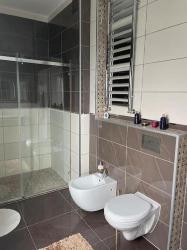 a bathroom with a toilet and a glass shower at Villa Stella Strandnah in Gryfice