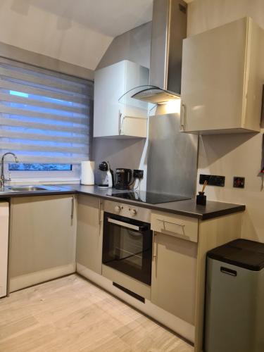 a kitchen with a sink and a stove top oven at Peebles High Street Apartment in Peebles