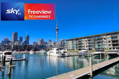 a view of a harbor with boats in the water at Marsden Viaduct in Auckland