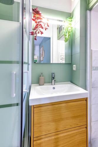une salle de bain avec un lavabo blanc et une douche dans l'établissement Le Papucie, Studio Cosy en Plein Cœur de Sarlat, à Sarlat-la-Canéda