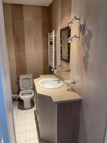 a bathroom with a sink and a toilet at Deluxe two bedroom apartment with elevator in Ez Zahra