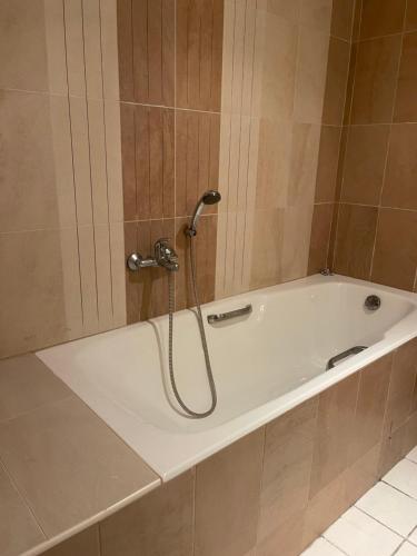 a bath tub with a shower in a bathroom at Deluxe two bedroom apartment with elevator in Ez Zahra