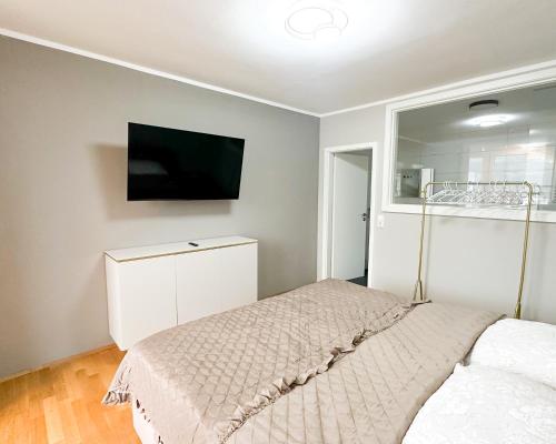 a bedroom with a bed and a tv on the wall at Elegantes City-Apartment im Herzen von Bad Mergentheim in Bad Mergentheim