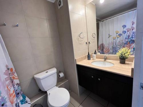 a bathroom with a toilet and a sink and a mirror at Amplio Departamento Parque Urbano in Concepción